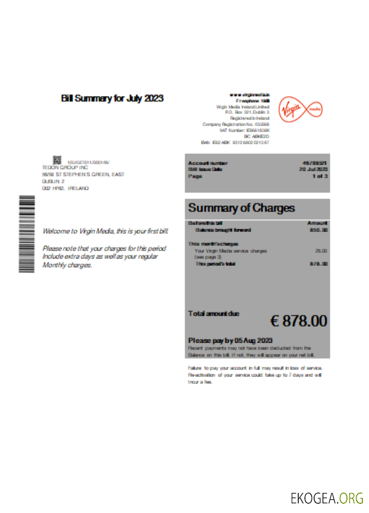 Facture commerciale de Virgin Media, SCR template